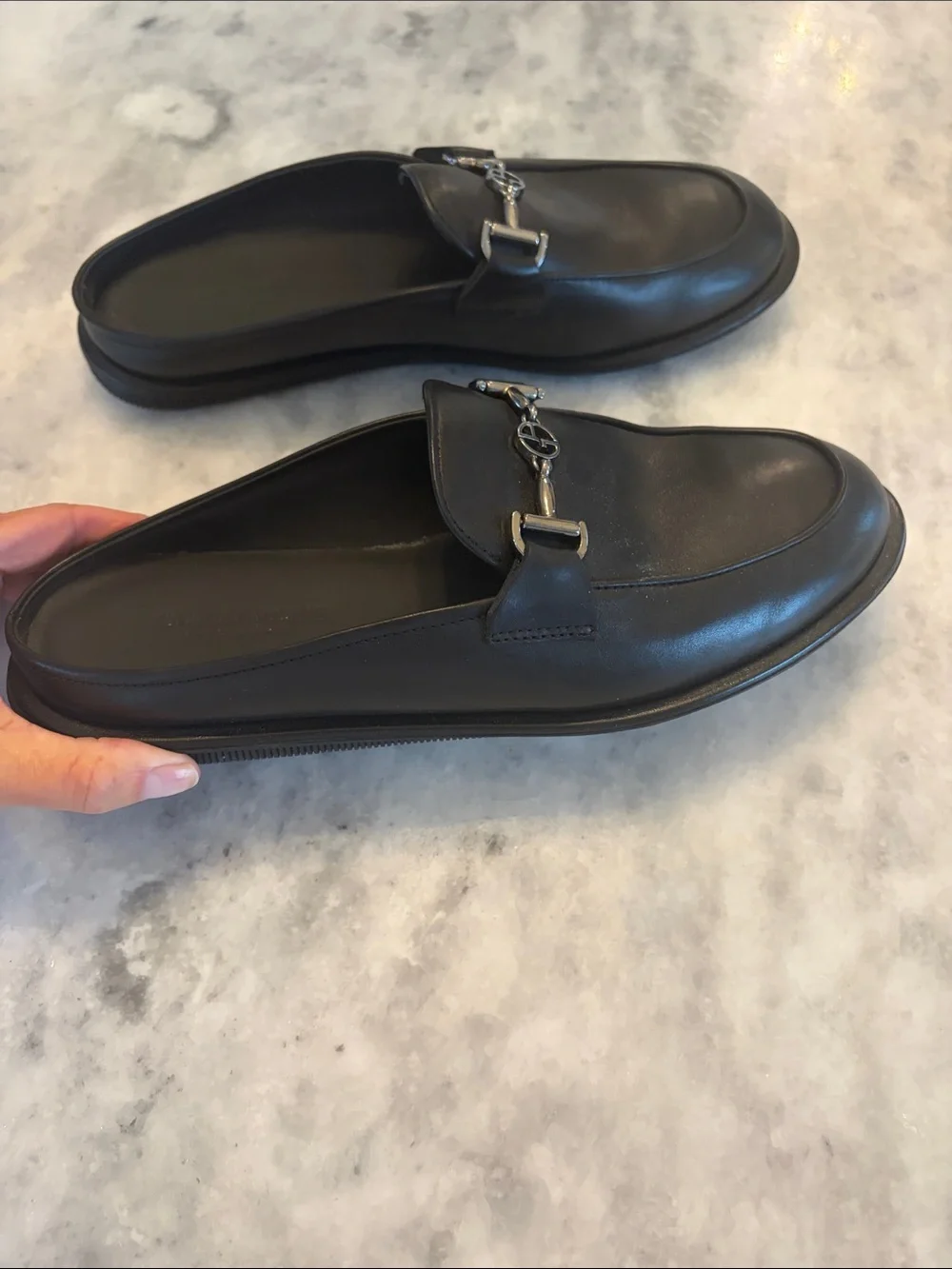Giorgio Armani Black Leather Bit Loafers with Silver Hardware